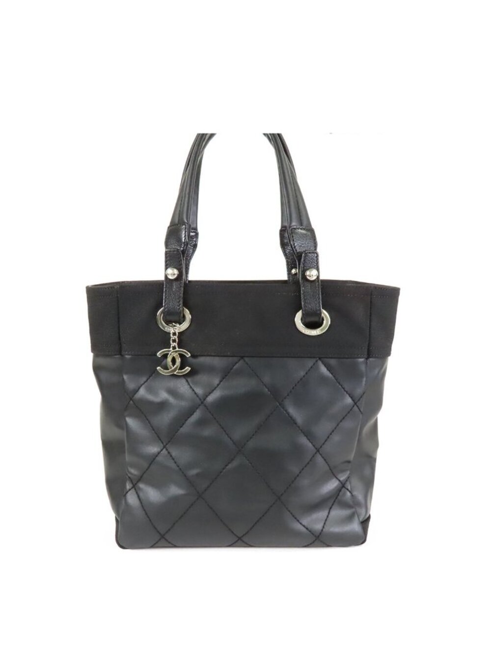 Chanel Paris Biarritz PM Black Silver Leather Tote Bag
